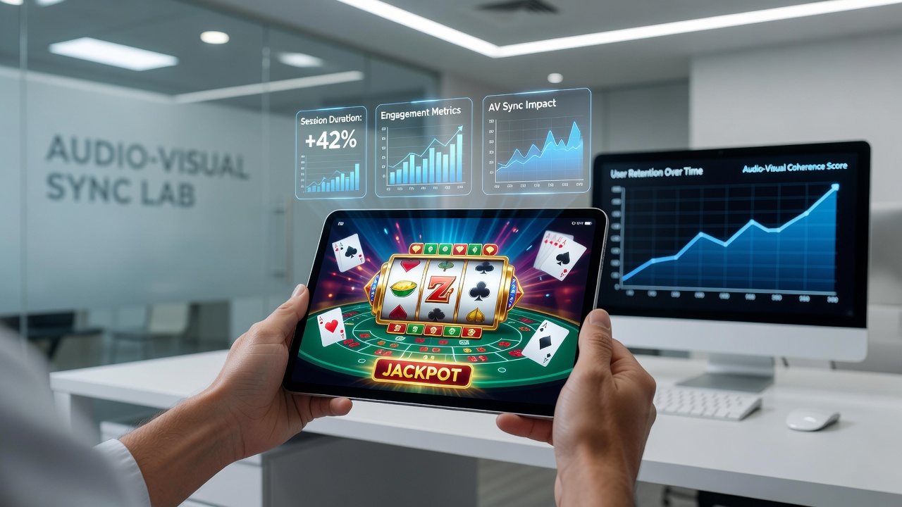 Grafiek die de correlatie toont tussen audio-visuele synchronisatie en sessieduur in draagbare casino applicaties met data uit recente onderzoeken